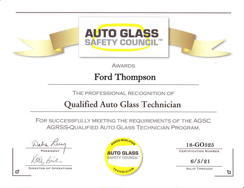 Auto Glass Safety Council Certificate - Professional Auto Glass